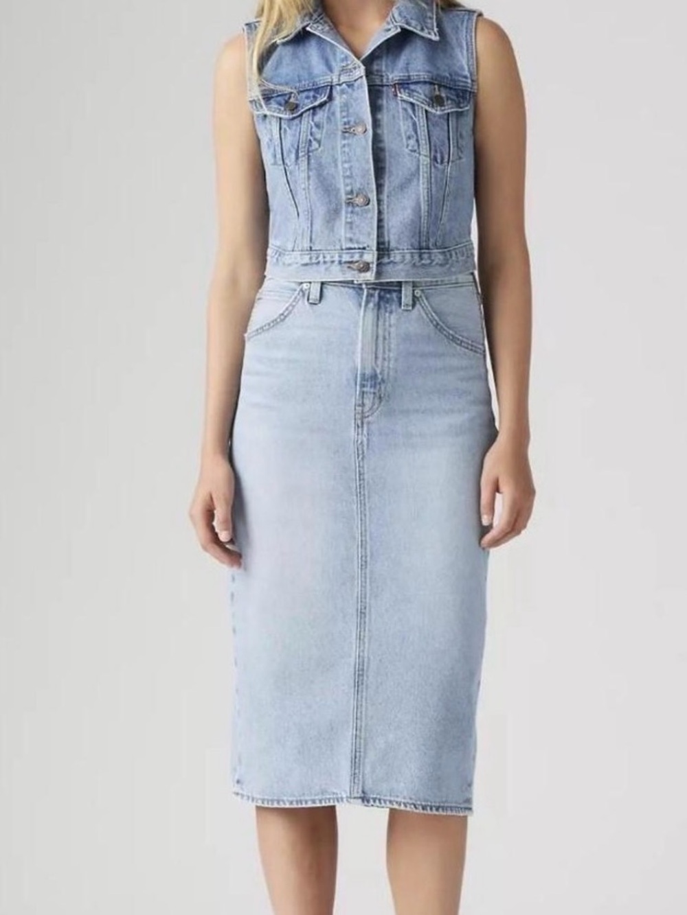 Levi's Light Blue Denim Pencil Skirt. High rise back slit skirt